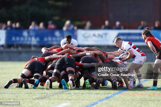 John Poland of the New England Free Jacks puts the ball into a scrum in the second half of the Major League Rugby match against the Utah Warriors at...