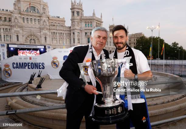 Carlo and Davide Ancelotti are celebrating the 35th LaLiga title on April 30, 2022 in Madrid, Spain.
