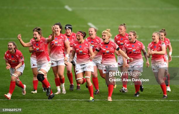 The Army celebrate on the final whistle during the Women's Army v Navy Babcock Trophy match at Twickenham Stadium on April 30, 2022 in London,...