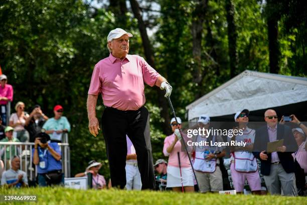 Jack Nicklaus of the United States competes on the 10th hole during the Greats of Golf competition at the Insperity Invitational at The Woodlands...