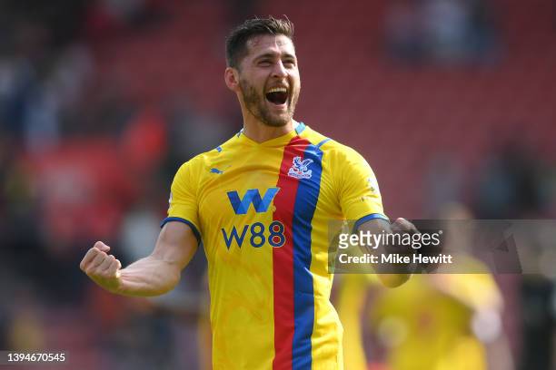 Joel Ward of Crystal Palace celebrates at the end of the Premier League match between Southampton and Crystal Palace at St Mary's Stadium on April...