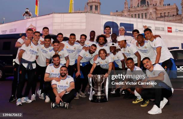 Players of Real Madrid celebrate the 35th LaLiga title on April 30, 2022 in Madrid, Spain.