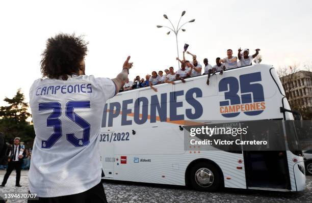 Players of Real Madrid celebrate the 35th LaLiga title on April 30, 2022 in Madrid, Spain.