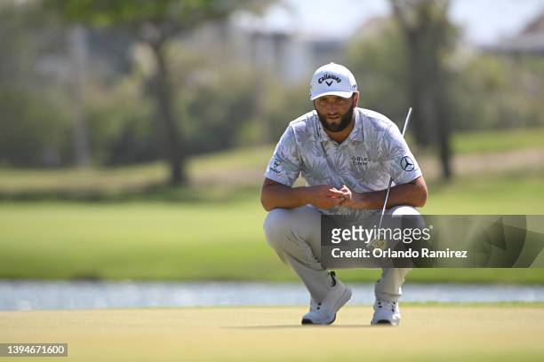 Jon Rahm of Spain putts to make a par on the 15th hole during the third round of the Mexico Open at Vidanta on April 30, 2022 in Puerto Vallarta,...
