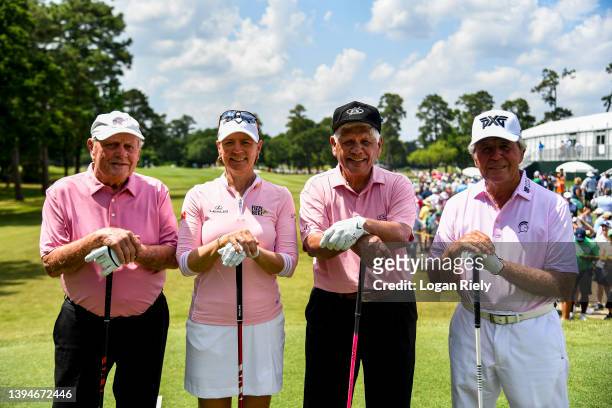 Jack Nicklaus, Annika Sorenstam, Lee Trevino, and Gary Player pose for a photo on the 10th hole during the Greats of Golf competition at the...