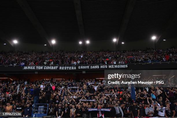 Paris Saint Germain ultras wave scarfs during the UEFA Women's Champions League Semi Final Second Leg match between Paris Saint-Germain and Olympique...