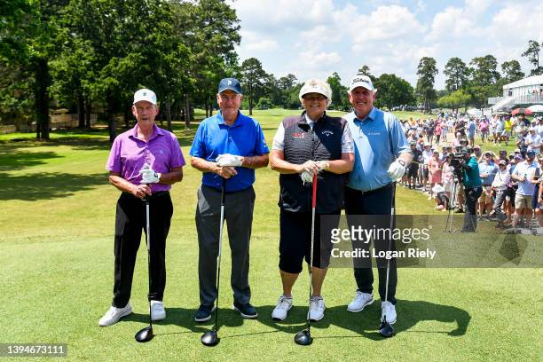 Larry Nelson, Dave Stockton, Laura Davies, and Hale Irwin pose for a photo on the 10th hole during the Greats of Golf competition at the Insperity...