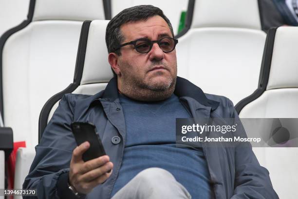 Mino Raiola, football agent for Zlatan Ibrahimovic, Matthijs De Ligt, Paul Pogba, Henrik Mkhitaryan and Mario Balotelli, is seen using his mobile...