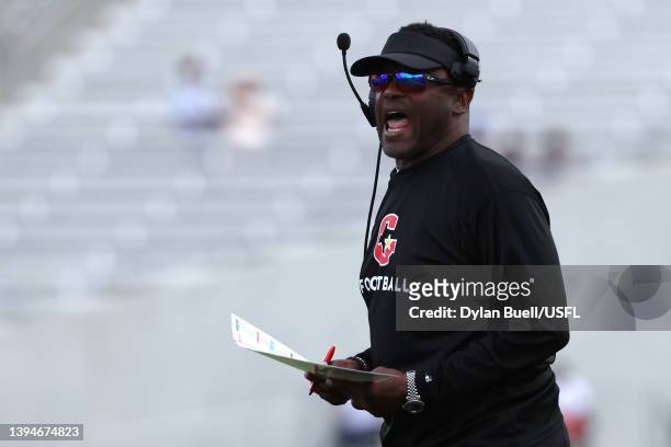 Head coach Kevin Sumlin of Houston Gamblers looks on from sideline in the second quarter of the game against the Tampa Bay Bandits at Protective...