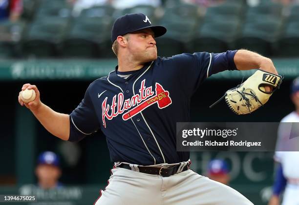 Bryce Elder of the Atlanta Braves pitches in the first inning against the Texas Rangers at Globe Life Field on April 30, 2022 in Arlington, Texas.