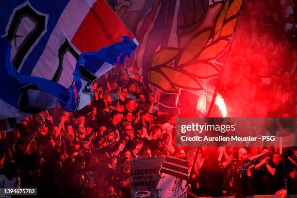 Paris Saint Germain ultras wave flares during the UEFA Women's Champions League Semi Final Second Leg match between Paris Saint-Germain and Olympique...