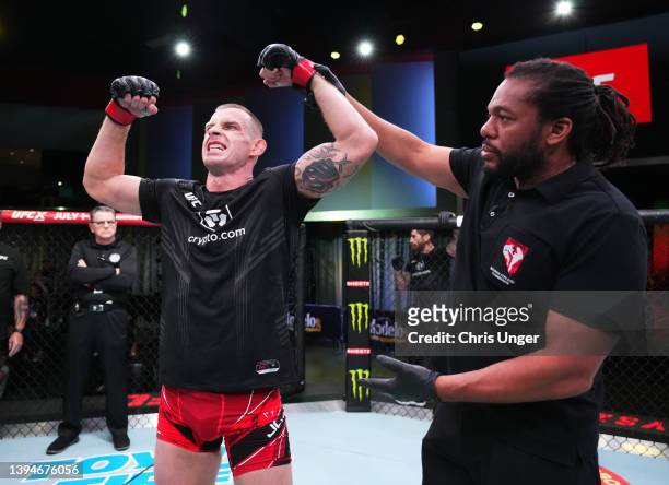 Krzysztof Jotko of Poland reacts after his victory over Gerald Meerschaert in a middleweight fight during the UFC Fight Night event at UFC APEX on...