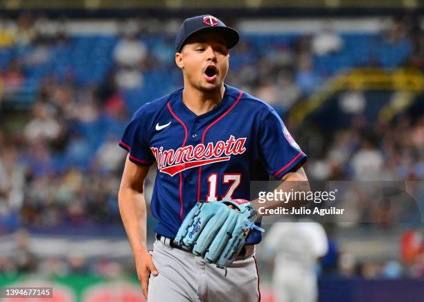 Chris Archer of the Minnesota Twins reacts after the third inning against the Tampa Bay Rays at Tropicana Field on April 30, 2022 in St Petersburg,...