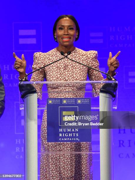 Jodie Patterson speaks onstage during the Human Rights Campaign 2022 Greater New York Dinner at Marriott Marquis Times Square on April 30, 2022 in...