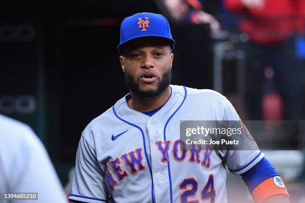 Robinson Cano of the New York Mets looks on against the St. Louis Cardinals at Busch Stadium on April 25, 2022 in St Louis, Missouri.