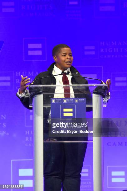 Nik Harris speaks onstage during the Human Rights Campaign 2022 Greater New York Dinner at Marriott Marquis Times Square on April 30, 2022 in New...