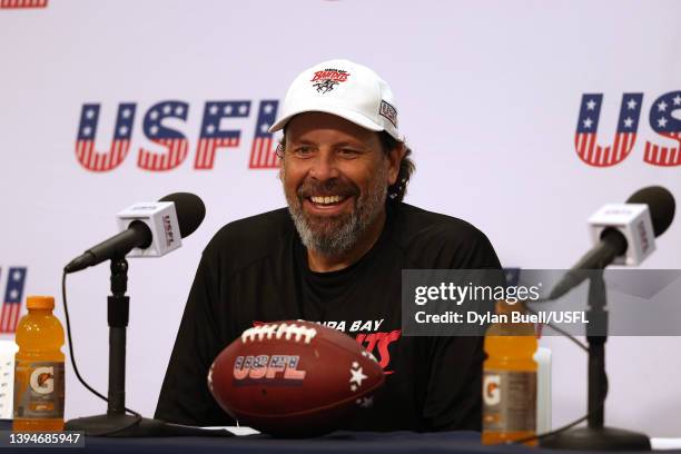 Head coach Todd Haley of Tampa Bay Bandits talks with reporters after defeating the Houston Gamblers 27-26 at Protective Stadium on April 30, 2022 in...