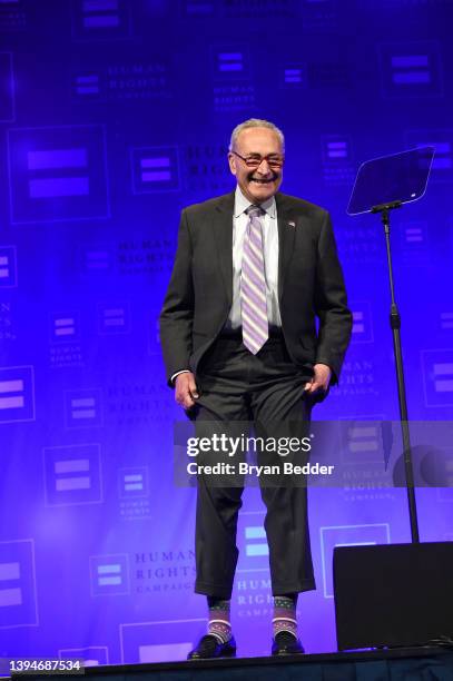 Senator Charles Schumer onstage during the Human Rights Campaign 2022 Greater New York Dinner at Marriott Marquis Times Square on April 30, 2022 in...