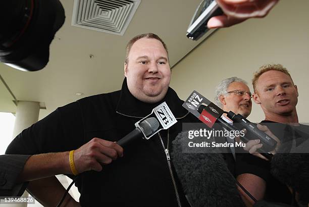 Kim Dotcom briefly speaks to media after being released on bail at North Shore District Court on February 22, 2012 in Auckland, New Zealand. The...