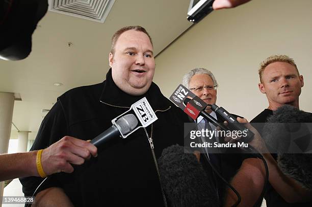 Kim Dotcom briefly speaks to media after being released on bail at North Shore District Court on February 22, 2012 in Auckland, New Zealand. The...