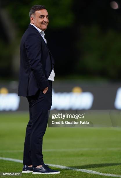 Carlos Carvalhal of SC Braga before the start of the Liga Bwin match between Belenenses SAD and SC Braga at Estadio Nacional on April 30, 2022 in...