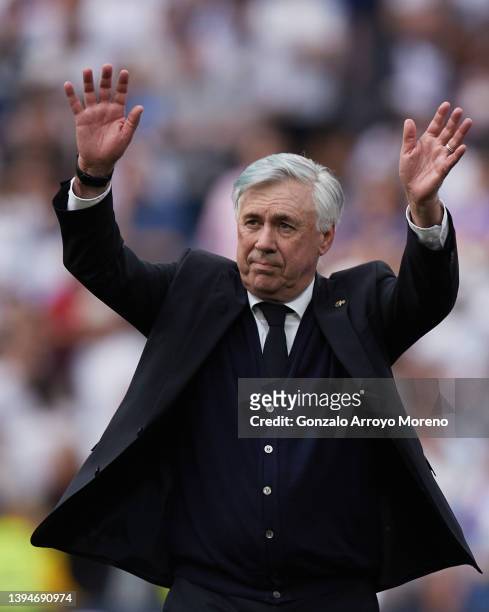 Manager Carlo Ancelotti of Real Madrid CF celebrates following their side's victory in the LaLiga Santander match between Real Madrid CF and RCD...