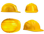 Four different view points of a yellow construction hat 