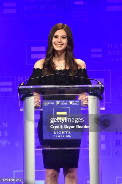Nicole Maines speaks onstage during the Human Rights Campaign 2022 Greater New York Dinner at Marriott Marquis Times Square on April 30, 2022 in New...