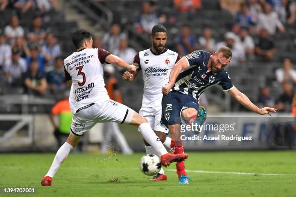 Vincent Janssen of Monterrey kicks the ball and scores his team's second goal during the 17th round match between Monterrey and Club Tijuana as part...