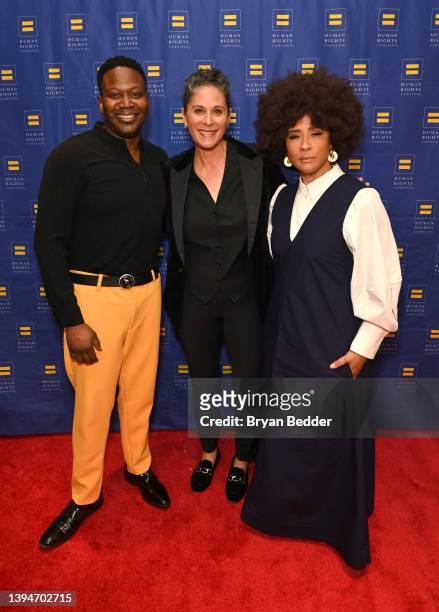 Tituss Burgess, Dana Goldberg, and Golda Rosheuvel attend the Human Rights Campaign 2022 Greater New York Dinner at Marriott Marquis Times Square on...