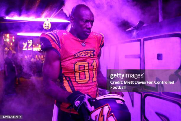 Terrell Owens of the Zappers takes the field prior to playing the Knights of Degen during Fan Controlled Football Season v2.0 - Week Three on April...