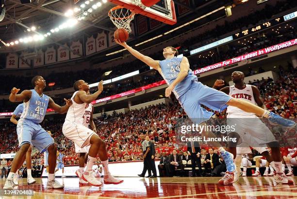 Tyler Zeller of the North Carolina Tar Heels goes to the hoop against the North Carolina State Wolfpack during the first half at the RBC Center on...