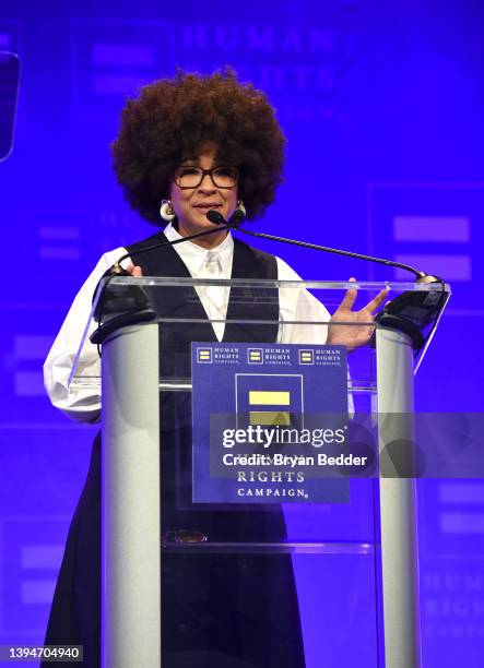 Golda Rosheuvel speaks onstage during the Human Rights Campaign 2022 Greater New York Dinner at Marriott Marquis Times Square on April 30, 2022 in...