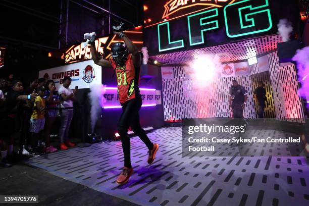 Terrell Owens of the Zappers is introduced prior to a game against the Knights of Degen during Fan Controlled Football Season v2.0 - Week Three on...