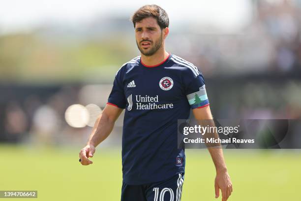 Carles Gil of New England Revolution looks on against Inter Miami CF during the first half at DRV PNK Stadium on April 09, 2022 in Fort Lauderdale,...