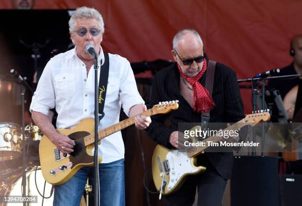Roger Daltrey and Pete Townshend of The Who perform during the 2022 New Orleans Jazz & Heritage festival at Fair Grounds Race Course on April 30,...