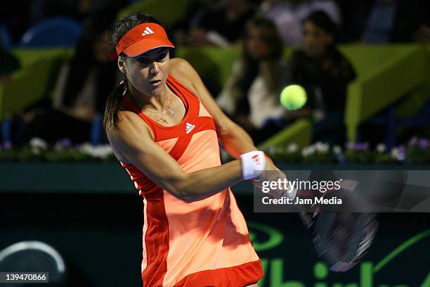 Sorana Cirstea tennis player returns the ball to tennis player Stefanie Voegele , during the second day of the WTA Open in Whirpool Monterrey, at...