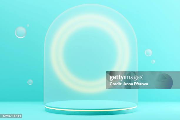 light blue podium with frosted glass backdrop, flying glass spheres and yellow lighting on turquoise background. bright 3d illustration for your products demonstrating - art product photos et images de collection