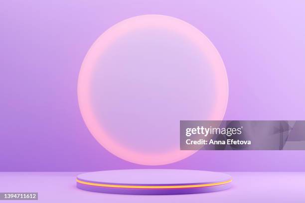 violet podium with orange neon backlight on purple background. trendy 3d illustration for your products presentation. demonstrating very peri - color of 2022 year - purple room stock pictures, royalty-free photos & images