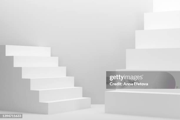 minimalist white steps on a white background. perfect place for your products presentation. three dimensional illustration - escada objeto manufaturado imagens e fotografias de stock