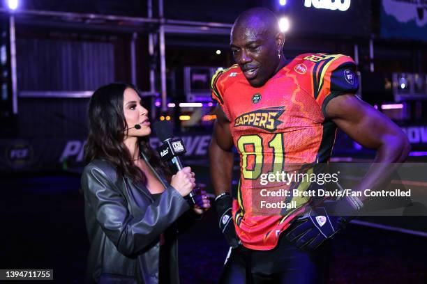 Charly Arnolt interviews Terrell Owens of the Zappers prior to a game against the Knights of Degen during Fan Controlled Football Season v2.0 - Week...