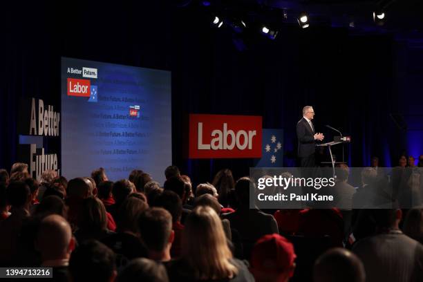 Federal Opposition leader Anthony Albanese speaks during the Labor Party election campaign launch at Optus Stadium on May 01, 2022 in Perth,...
