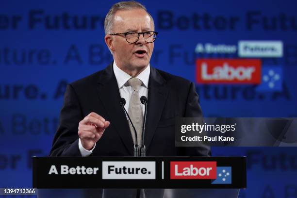 Federal Opposition leader Anthony Albanese speaks during the Labor Party election campaign launch at Optus Stadium on May 01, 2022 in Perth,...