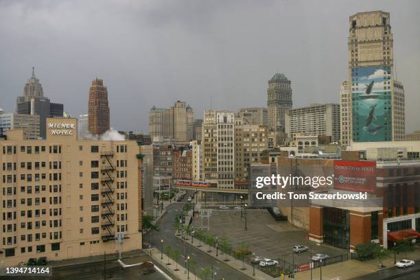 View of the Detroit skyline in the background and the Milner Hotel building in the foreground which has been recently turned into apartments as...
