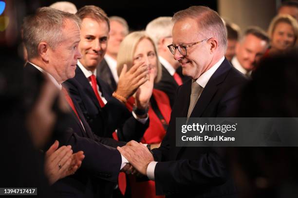 Shadow NDIS Minister Bill Shorten shakes hands with Federal Opposition leader Anthony Albanese speaks during the Labor Party election campaign launch...