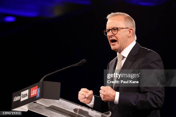 Federal Opposition leader Anthony Albanese speaks during the Labor Party election campaign launch at Optus Stadium on May 01, 2022 in Perth,...