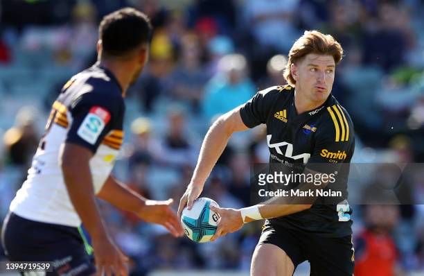 Jordie Barrett of the Hurricanes daduring the round 11 Super Rugby Pacific match between the ACT Brumbies and the Hurricanes at GIO Stadium on May...