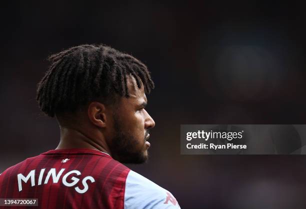 Tyrone Mings of Aston Villa looks on during the Premier League match between Aston Villa and Norwich City at Villa Park on April 30, 2022 in...