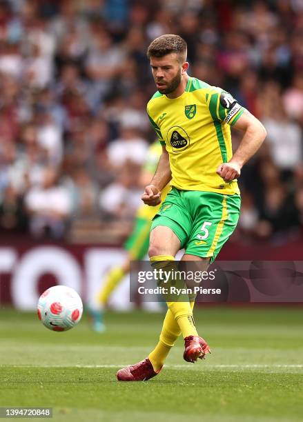 Grant Hanley of Norwich City passes the ball during the Premier League match between Aston Villa and Norwich City at Villa Park on April 30, 2022 in...