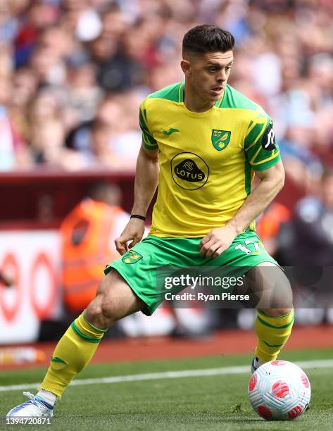 Milot Rashica of Norwich City controls the ball during the Premier League match between Aston Villa and Norwich City at Villa Park on April 30, 2022...